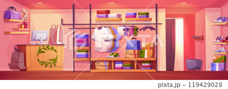 Fashion boutique interior, wardrobe shop vector 119429028