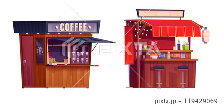 Set of street food and drink stalls 119429069
