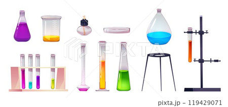 Cartoon laboratory beaker, chemistry lab flask Cartoon laboratory beaker, chemistry lab flask 119429071