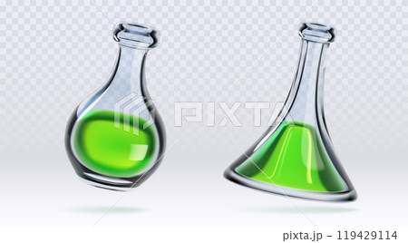 Chemistry measuring glass flasks with green liquid Chemistry measuring glass flasks with green liquid 119429114