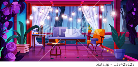 Night house terrace furniture vector illustration Night house terrace furniture vector illustration 119429125