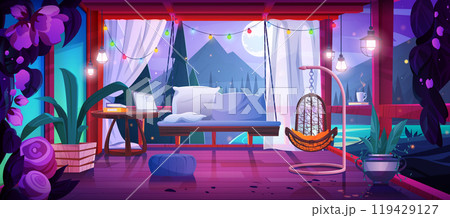 Terrace with mountains, lake and forest outside 119429127