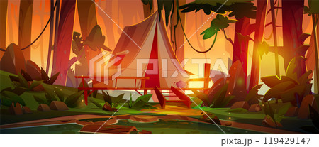Forest camp tent on stilt at sunrise background 119429147