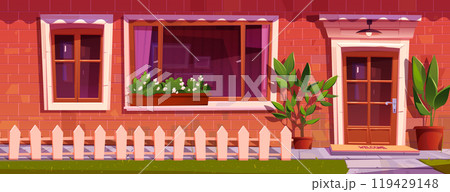 House facade and front door with window cartoon 119429148