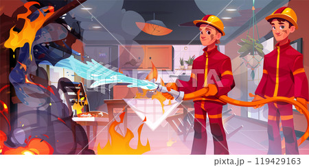 Fire smoke on house kitchen and firefighter vector 119429163