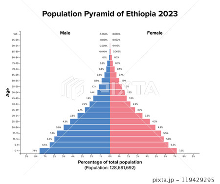 Population pyramid of Ethiopia 2023. Age structure diagram and graphical illustration of the distribution of over 128 million people divided into females and males, quoted in percent and 4-year steps. 119429295