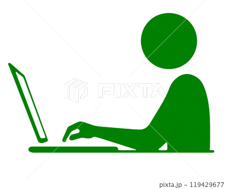 パソコンの画面を見ながらキーボード入力をしている人のピクトグラム風イラスト　透過背景の切り抜き 119429677