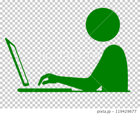パソコンの画面を見ながらキーボード入力をしている人のピクトグラム風イラスト　透過背景の切り抜き 119429677
