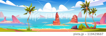 Sea or ocean beach with sand and palm trees Sea or ocean beach with sand and palm trees 119429687