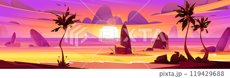 Summer sunset beach with palm vector background 119429688
