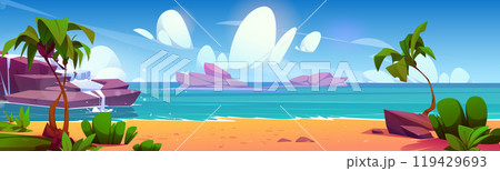 Tropical seascape with sandy beach and palm trees 119429693