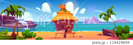 Hut on island beach tropical cartoon illustration 119429694