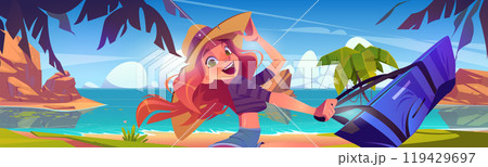 Happy woman in straw hat with bag on sea beach. Happy woman in straw hat with bag on sea beach. 119429697