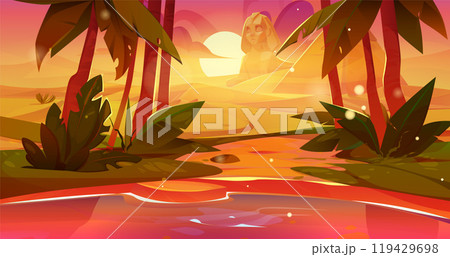 Egyptian desert landscape with oasis on sunset. Egyptian desert landscape with oasis on sunset. 119429698