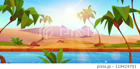 Egypt desert with nile river and palm tree vector Egypt desert with nile river and palm tree vector 119429701