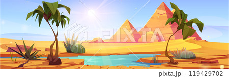Desert landscape with lake and palm trees in oasis 119429702