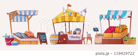 Set of market stalls selling food Set of market stalls selling food 119429722