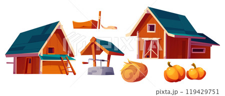 Red wooden farm buildings and harvest. Red wooden farm buildings and harvest. 119429751