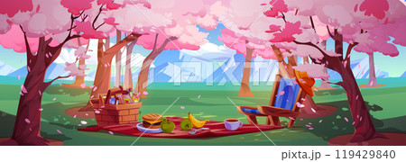 Picnic in spring sakura park cartoon background 119429840