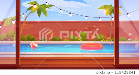 Backyard swimming pool behind open glass door Backyard swimming pool behind open glass door 119429841