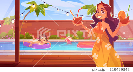 Summer water pool party in house backyard vector Summer water pool party in house backyard vector 119429842