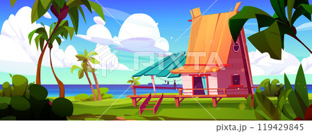 Hut with wooden terrace on sea or lake shore 119429845