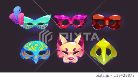 Carnival masks set isolated on black background Carnival masks set isolated on black background 119429878