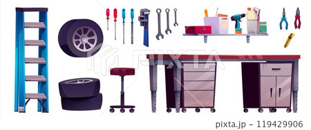 Garage interior furniture and working tools. Garage interior furniture and working tools. 119429906