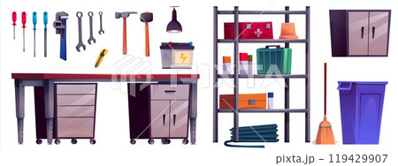 Garage workshop room cartoon interior vector set 119429907