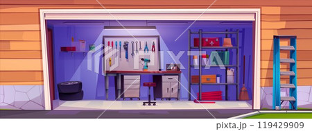 Garage interior with mechanic tools 119429909