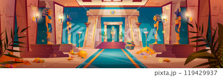 Egyptian pharaoh tomb with sarcophagus and wealth. 119429937