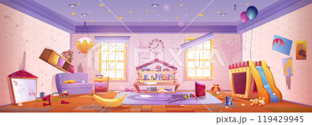 Messy abandoned kindergarten room interior Messy abandoned kindergarten room interior 119429945