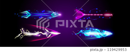 Glowing flying arrow with vfx motion effect. Glowing flying arrow with vfx motion effect. 119429953
