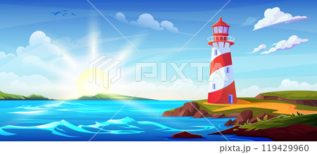 Summer landscape with lighthouse on sea coast 119429960
