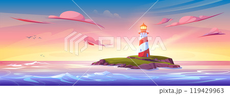Summer sunset or sunrise landscape with lighthouse 119429963