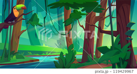 Jungle forest with winding river and toucan 119429967