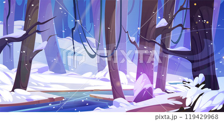 Winter forest river and snowy hills 119429968