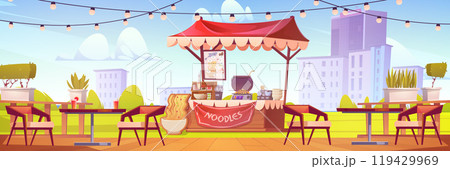 Asian cuisine stall in summer city park 119429969