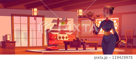 Young girl in kimono with teapot and cups Young girl in kimono with teapot and cups 119429978