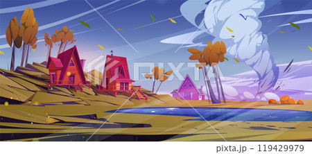 Hurricane in village with wooden houses near lake 119429979