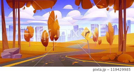 Autumn road to modern city 119429985