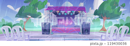 Rain in park with outdoor music festival stage 119430036