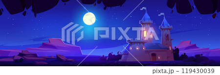 Night castle against mountain valley landscape Night castle against mountain valley landscape 119430039