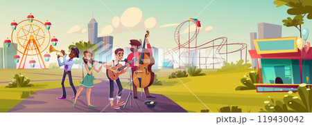 Street musician band playing in amusement park. Street musician band playing in amusement park. 119430042