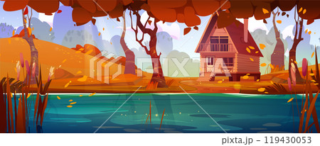 Log house near autumn forest lake 119430053