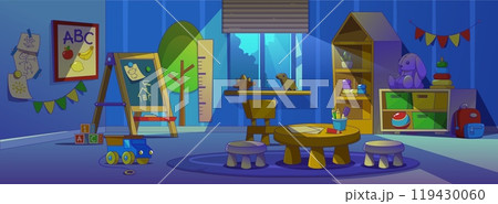 Kindergarten classroom at night cartoon interior Kindergarten classroom at night cartoon interior 119430060
