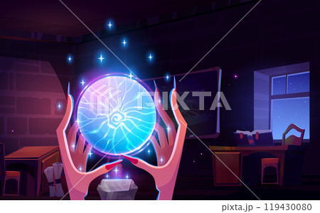 Witch hands with energy crystal in magic lab Witch hands with energy crystal in magic lab 119430080