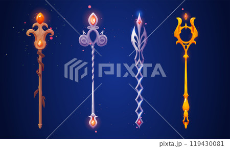 Set of magic wizard staffs isolated on background Set of magic wizard staffs isolated on background 119430081