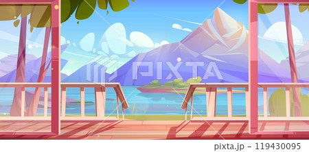Mountain lake view from wooden terrace 119430095