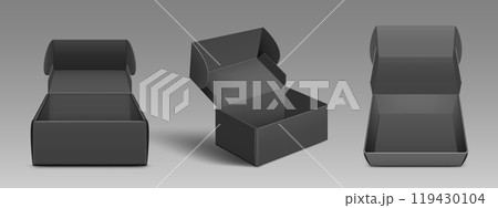 3D set of open black boxes isolated on background 119430104